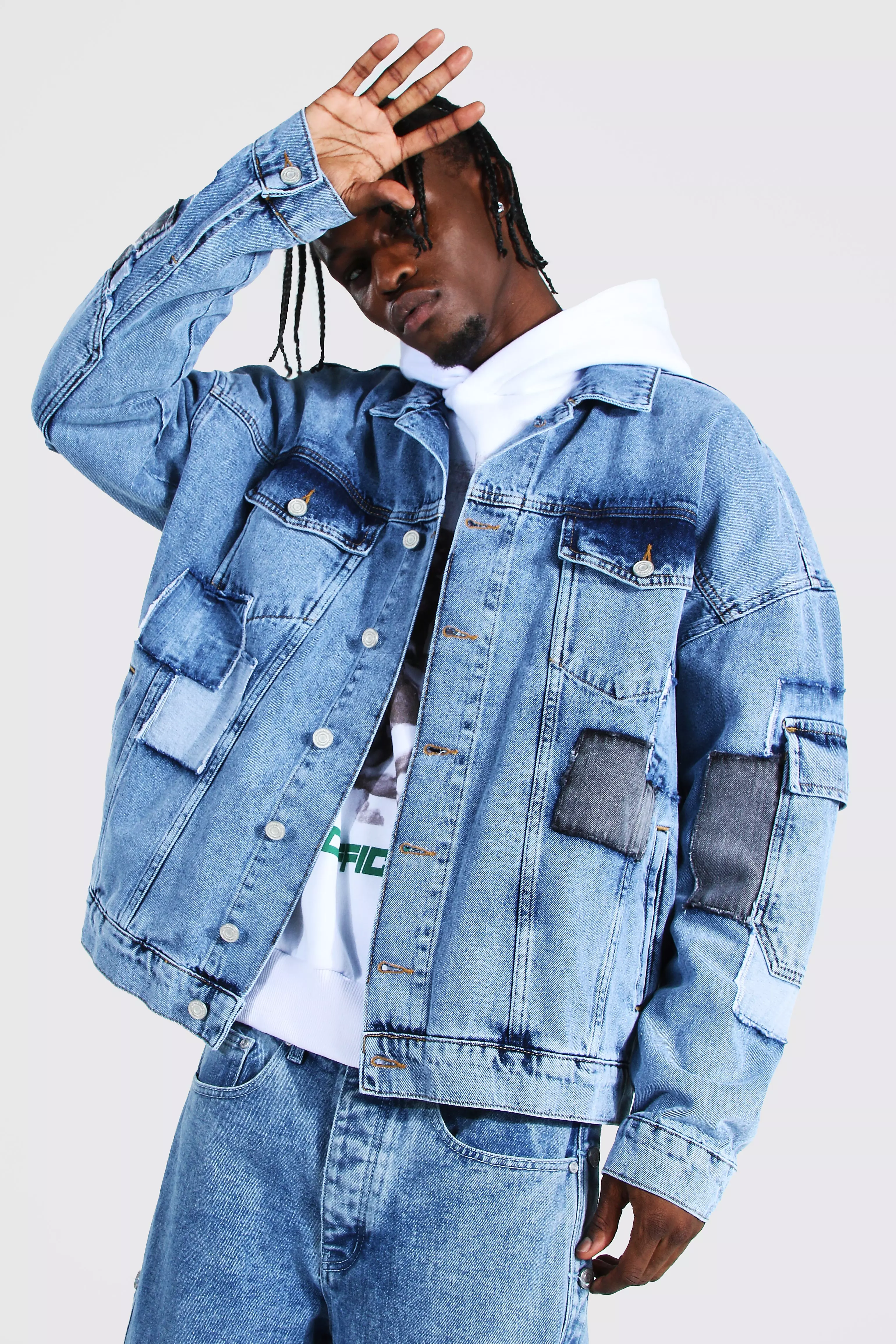Oversized Patchwork Cargo Denim Jacket boohooMAN USA